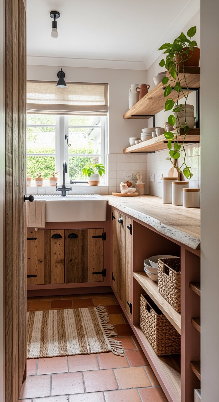 dusty rose rustic japandi kitchen