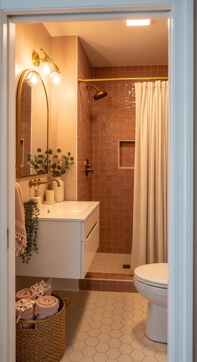 dusty rose zellige bathroom