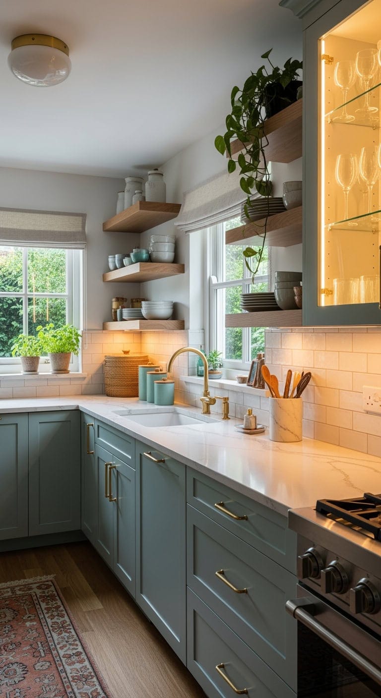 dusty teal kitchen lighting