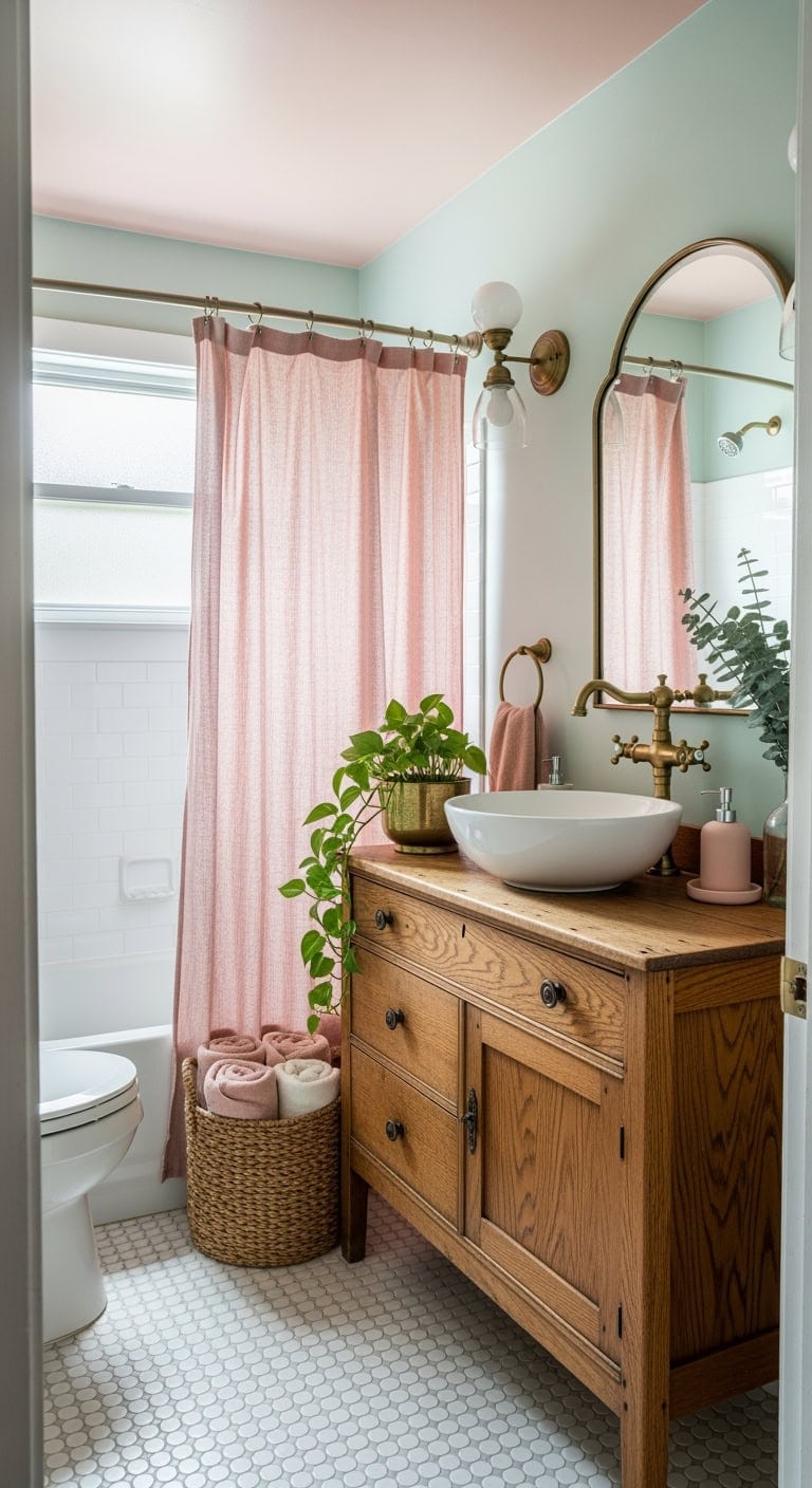 eclectic mint and rose bathroom