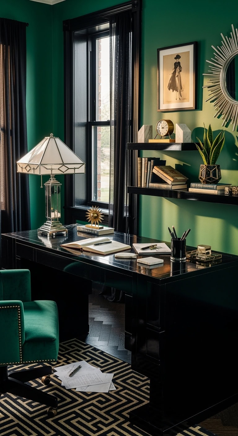 emerald black art deco workspace