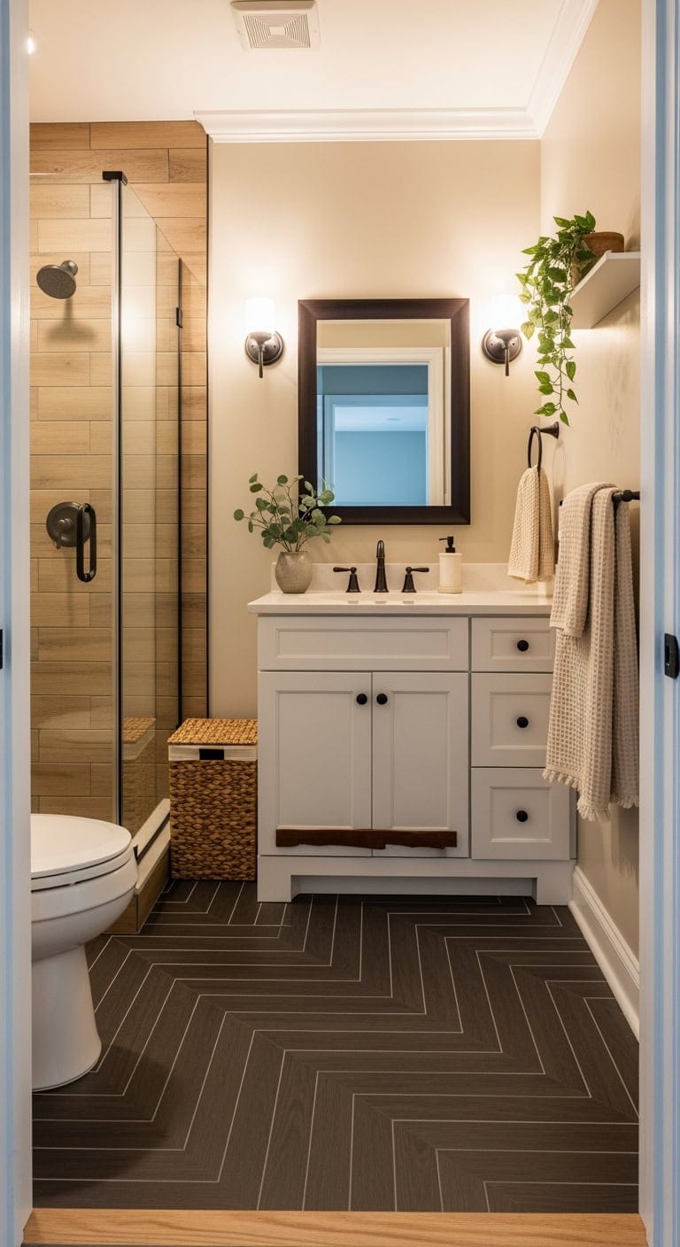 espresso herringbone mocha bathroom
