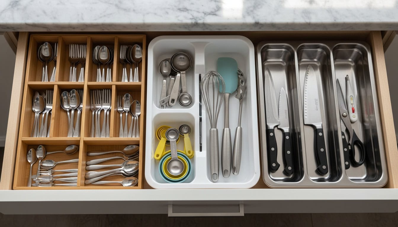 expandable compartmentalized dimensioned non slip utensil organizers