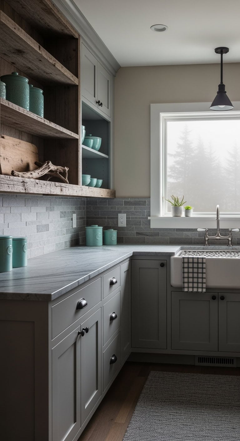 foggy gray teal shoreline