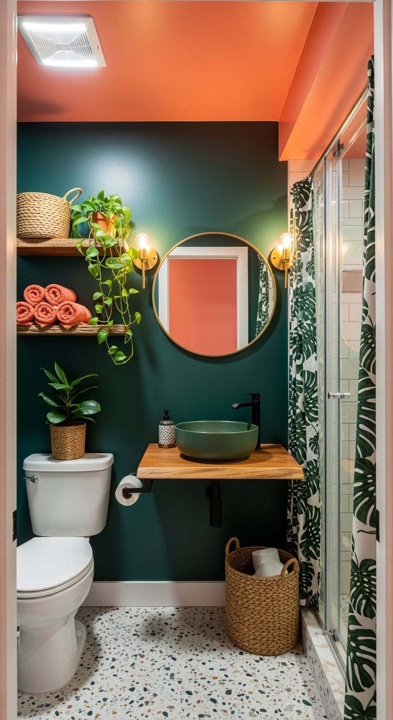 forest green coral bathroom vibe
