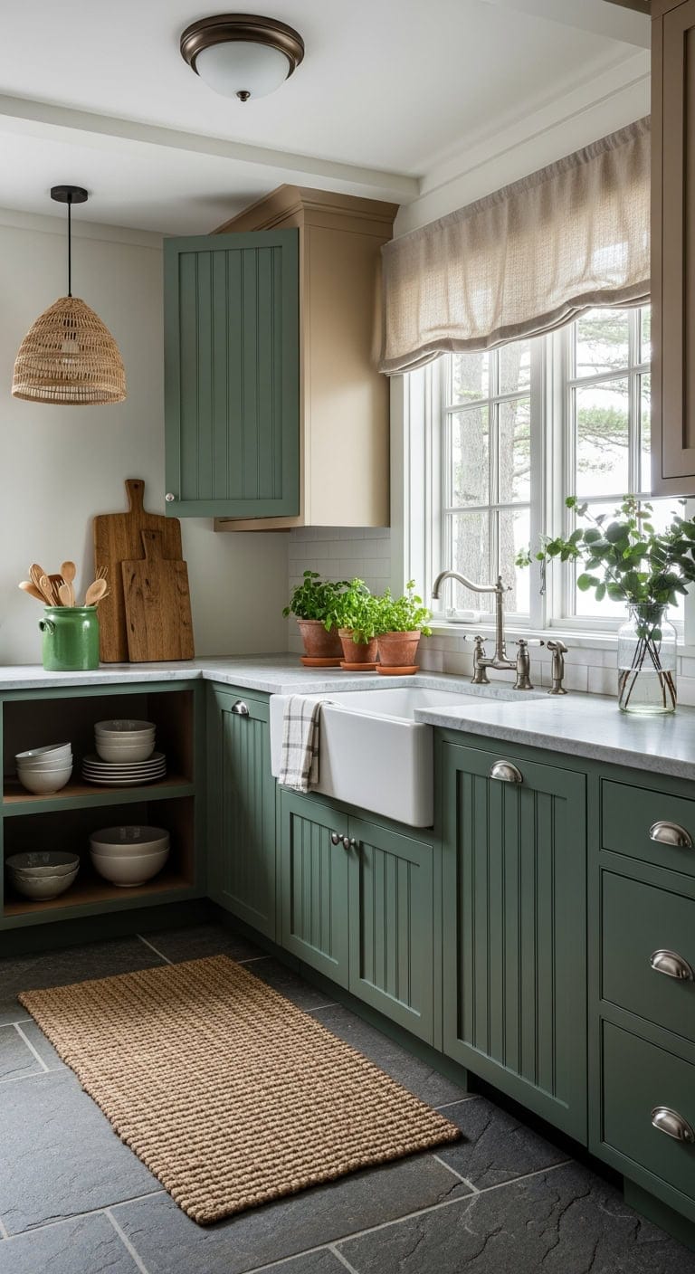 forest green lakeside cottage kitchen