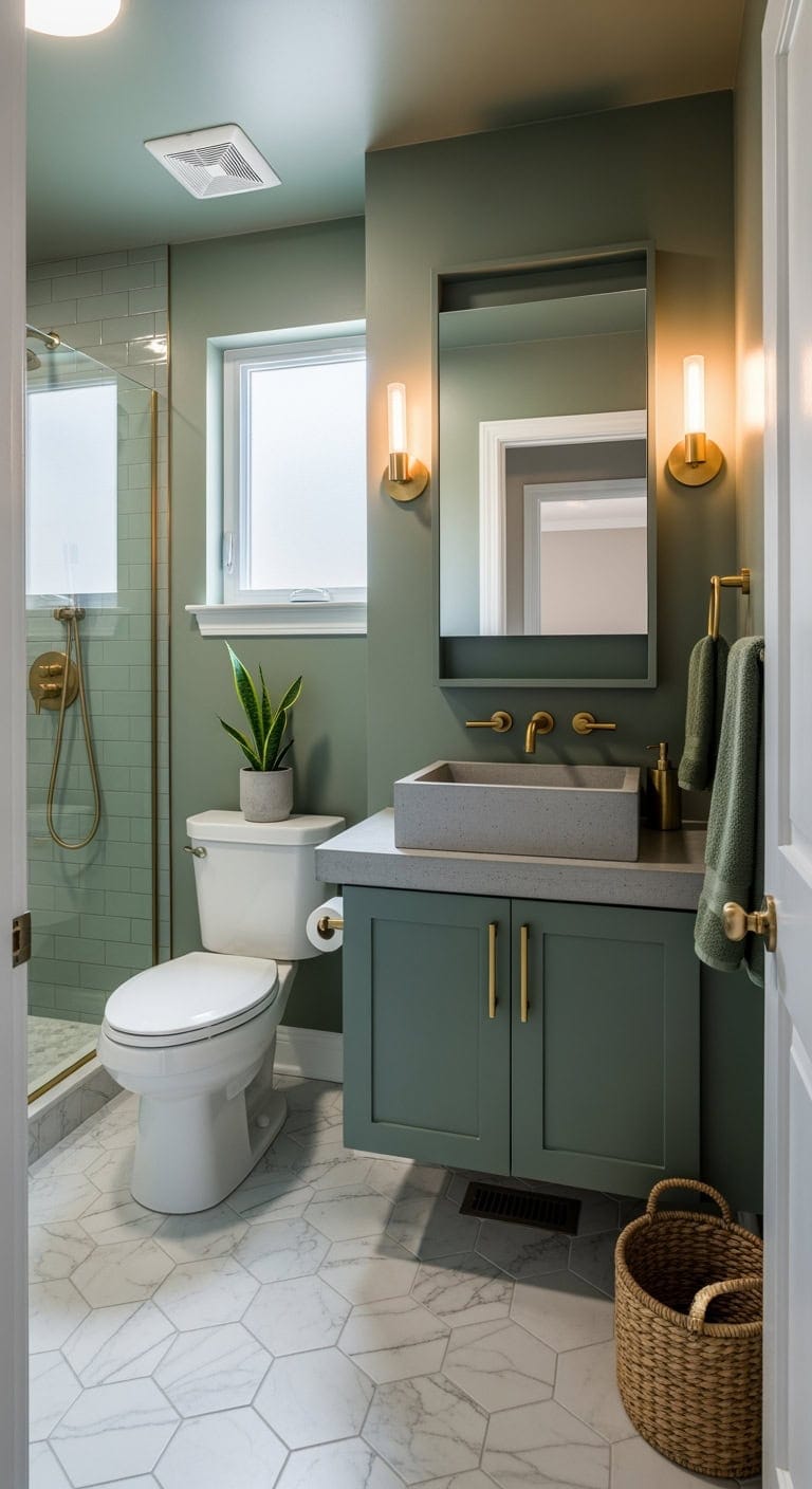 forest green mirrored bathroom vignette