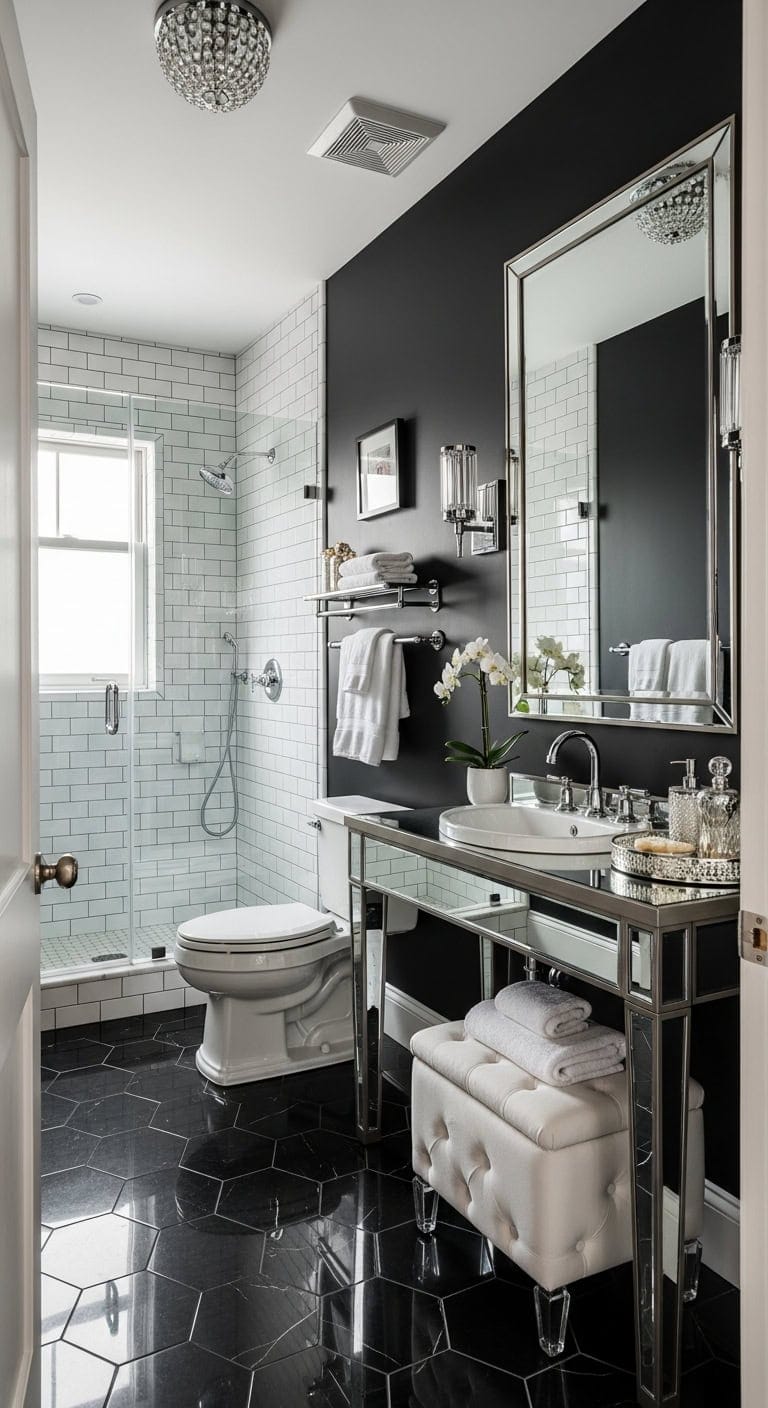 glamorous mirrored powder room