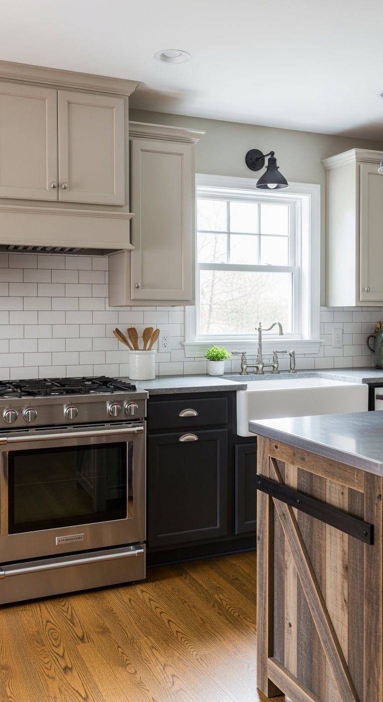 greige cabinets with reclaimed island