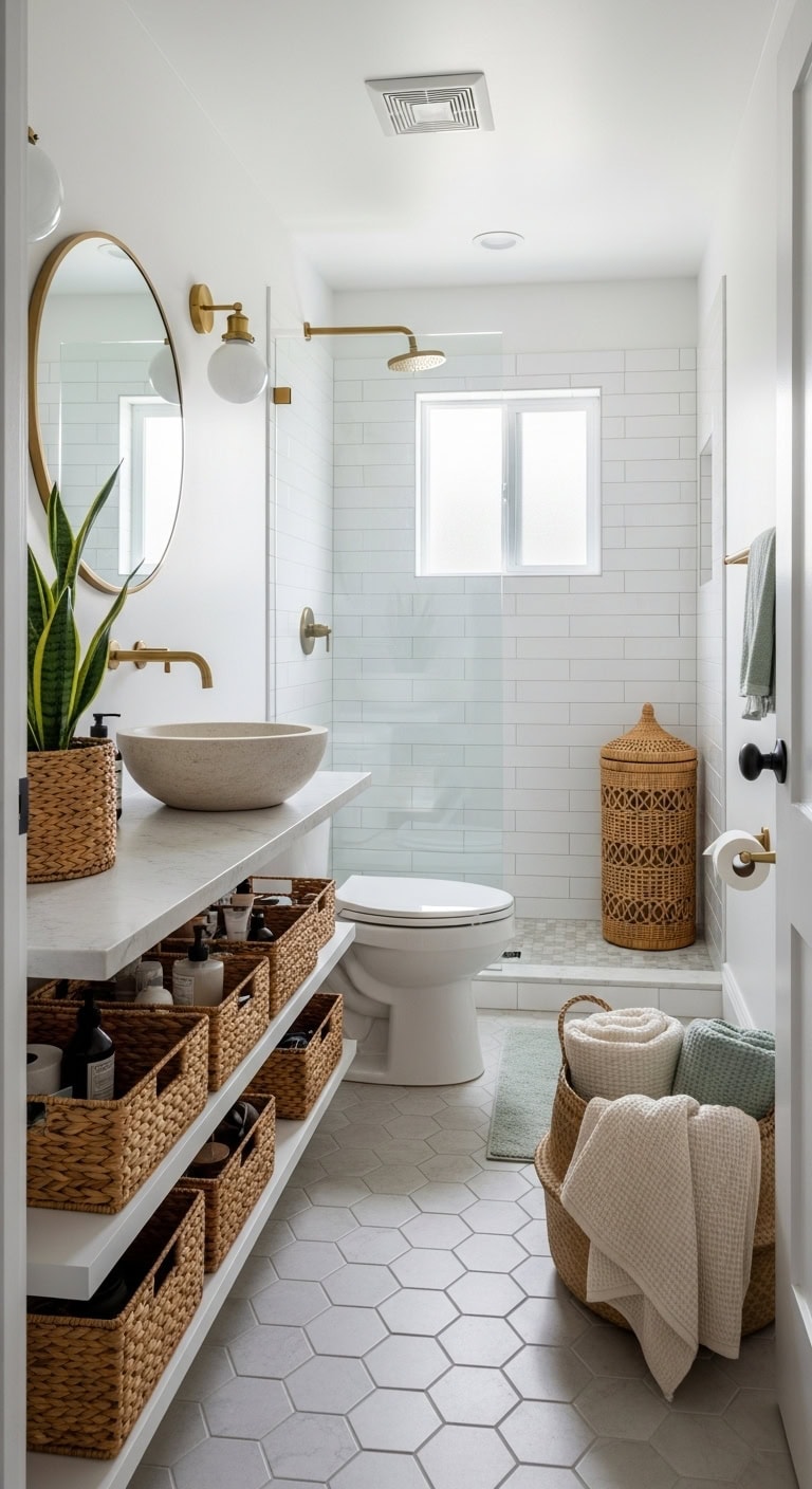 handwoven elegance in compact bathrooms