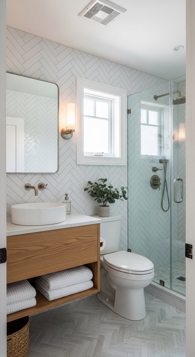 herringbone tiles with neutral accents