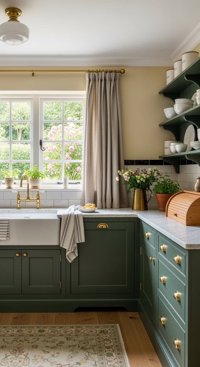 hunter green buttercream linen kitchen