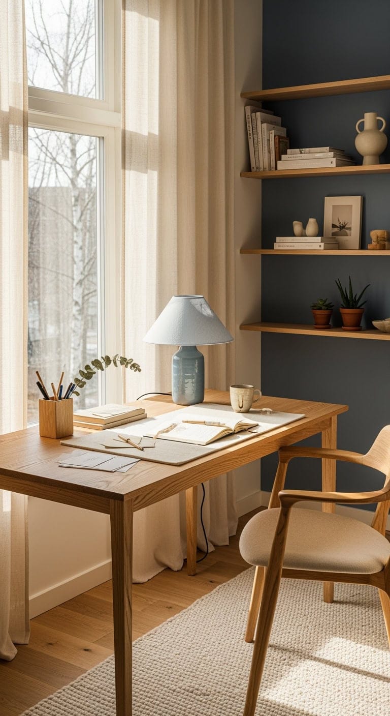 ivory dusty blue nordic workspace