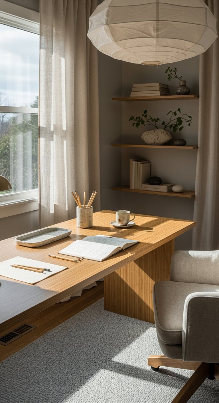 japandi stone and ecru workspace