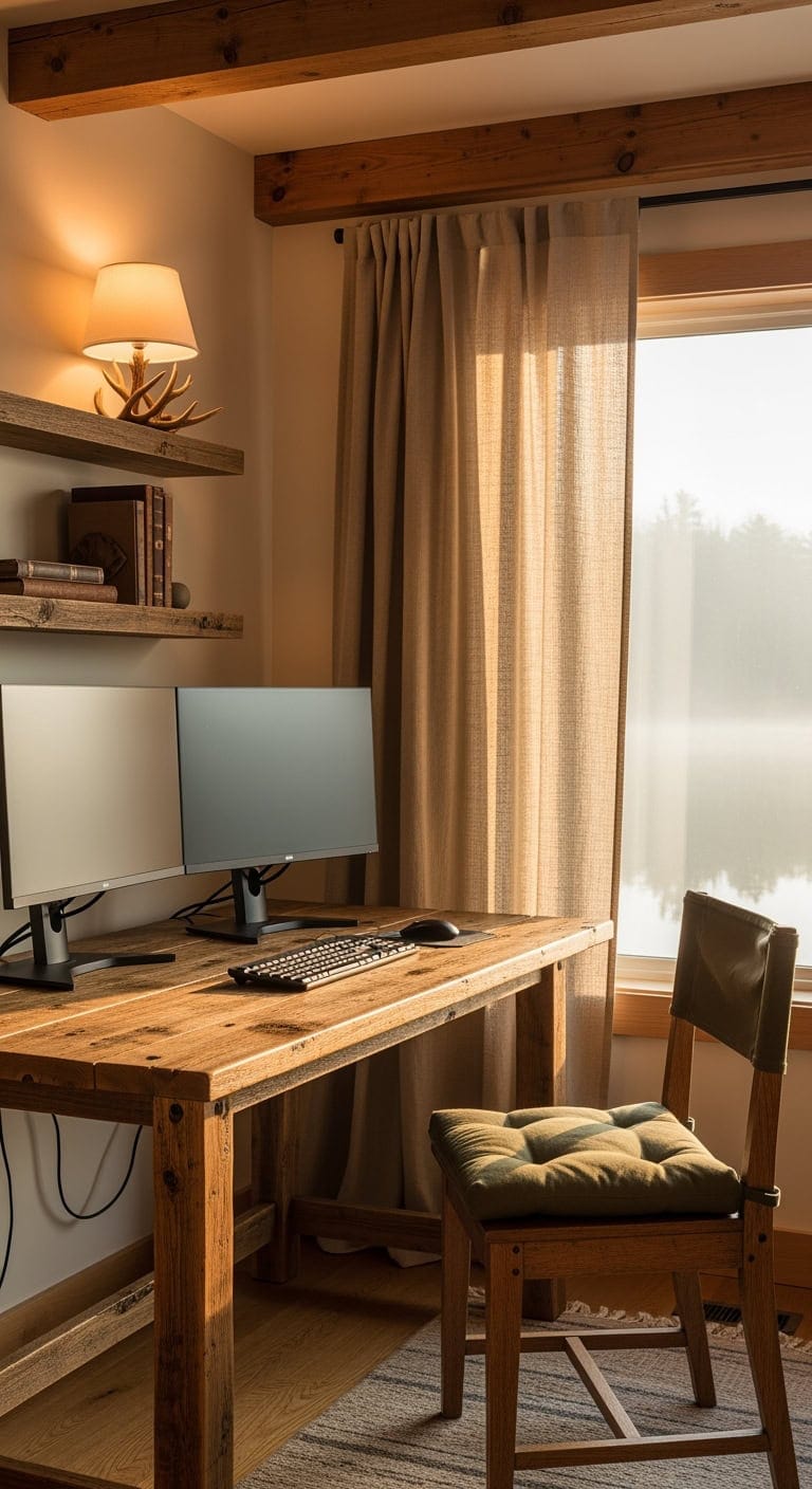 lakehouse rustic stone green workspace