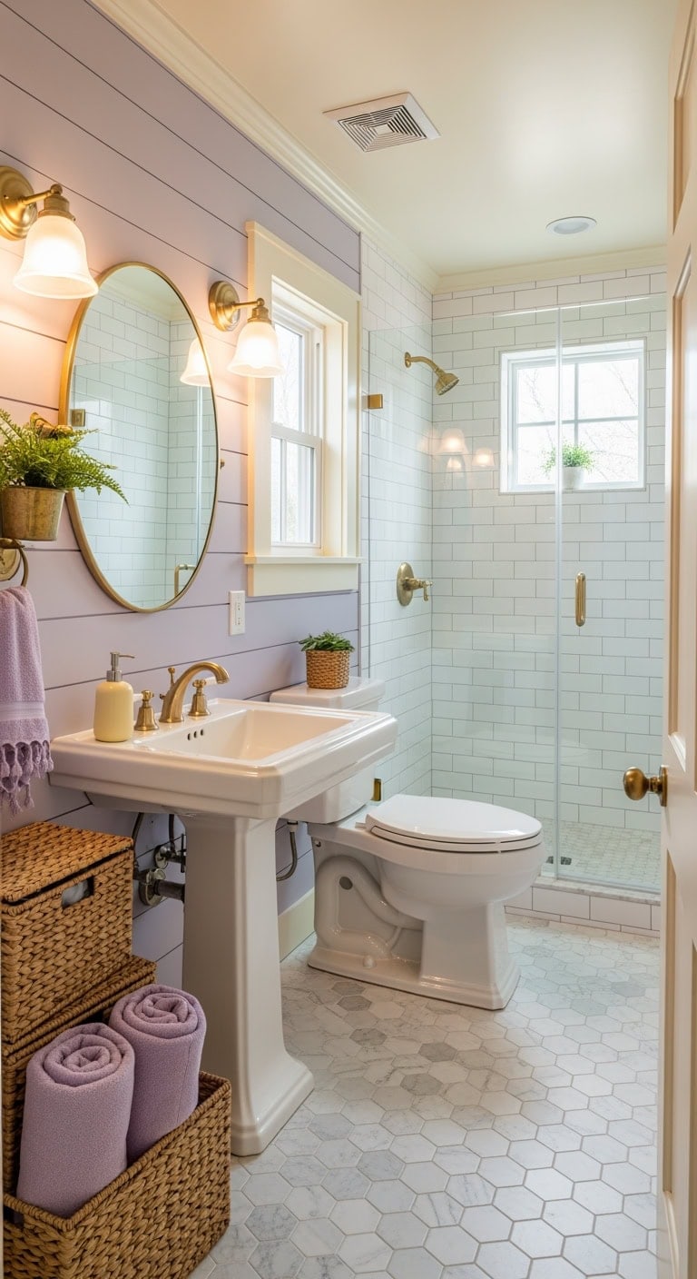 lavender and butter cottage bathroom