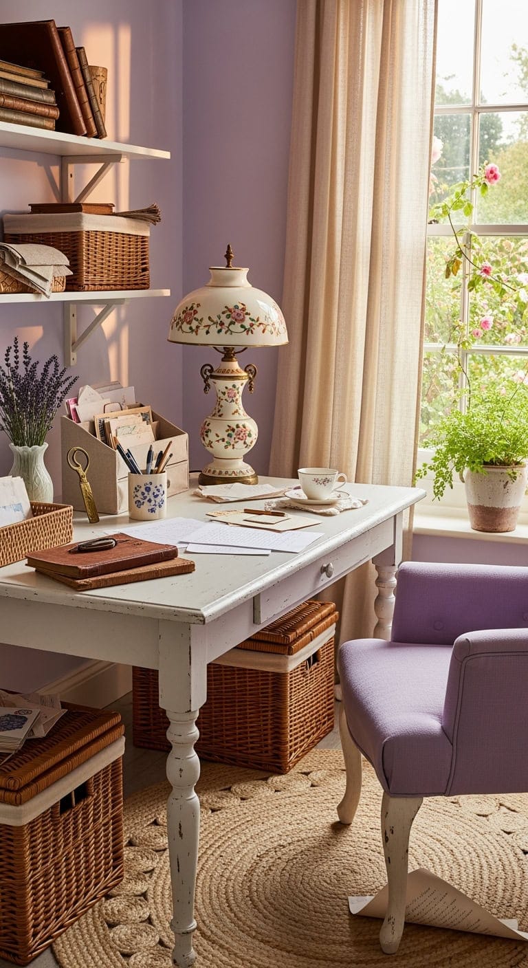 lavender antique cottage workspace
