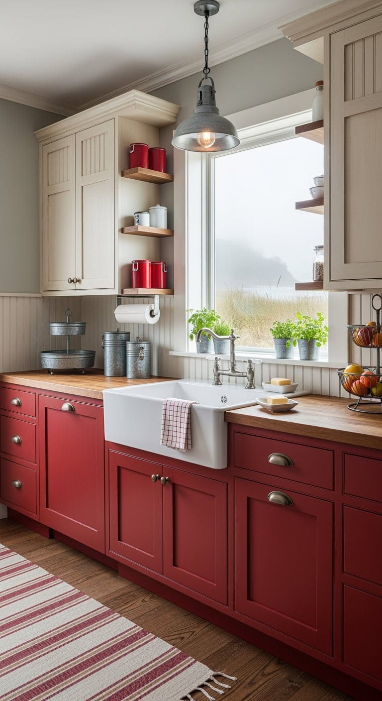 lighthouse inspired maritime red cabinets