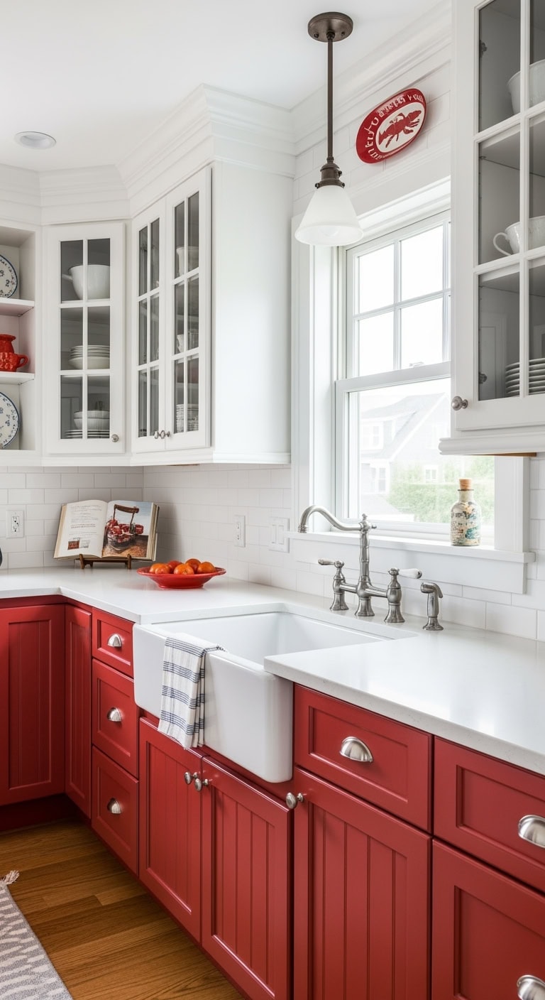 lobster red butcher block coastal kitchen