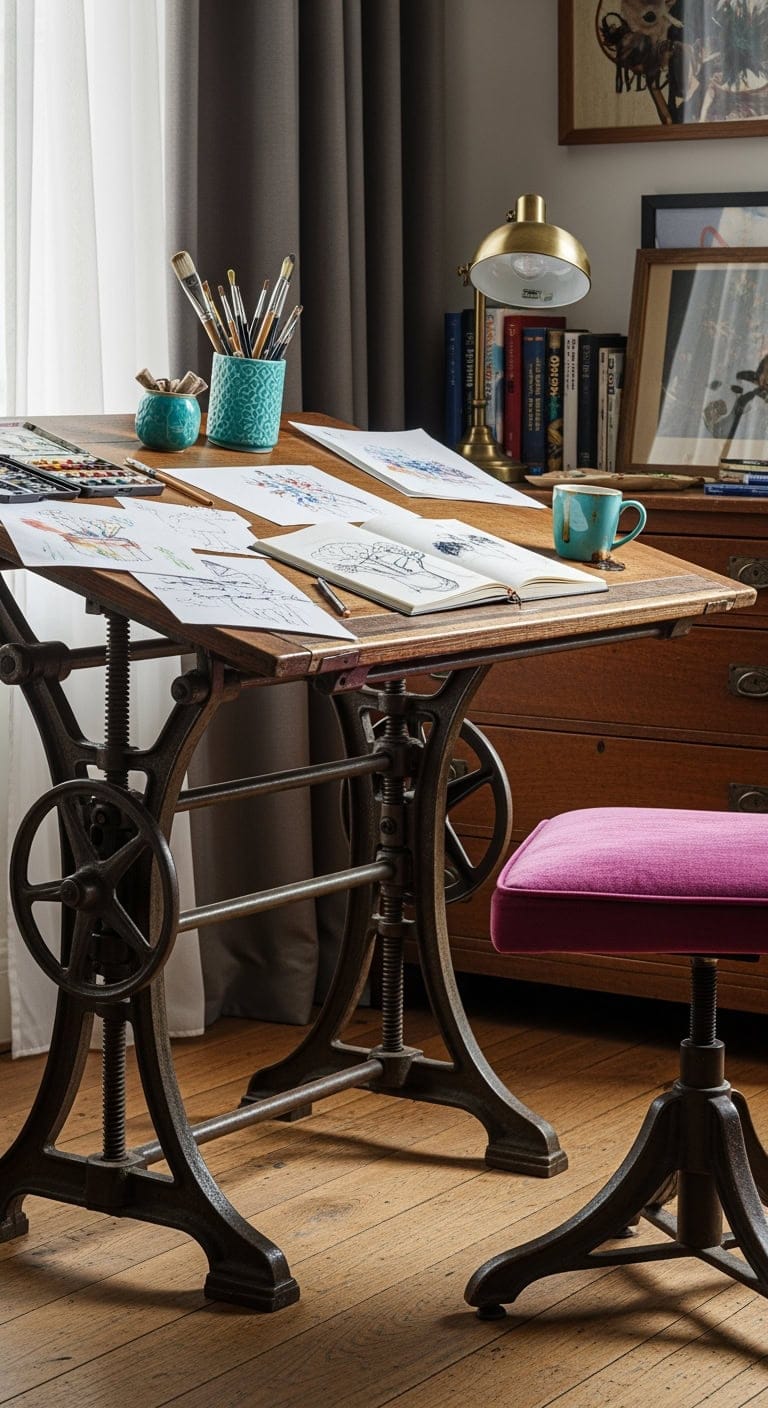 magenta turquoise vintage kilim workspace