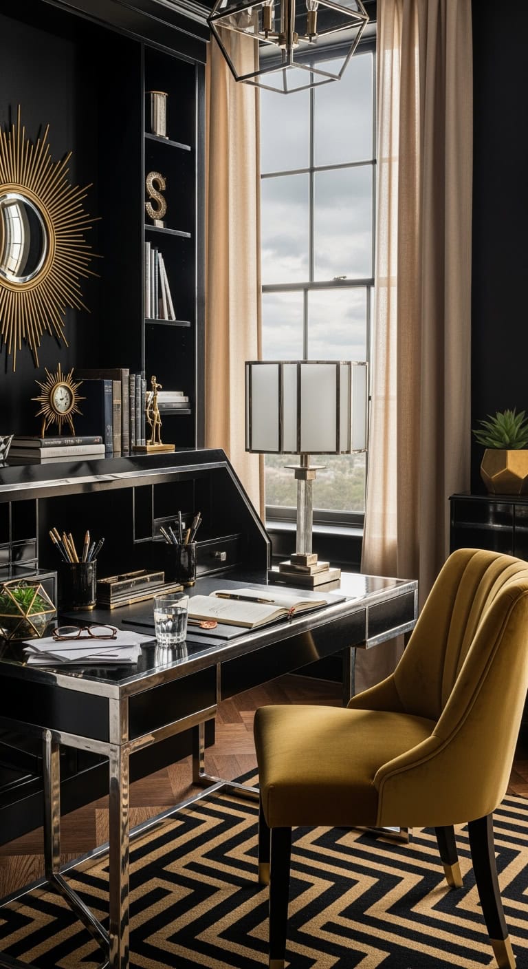 midnight black art deco glam