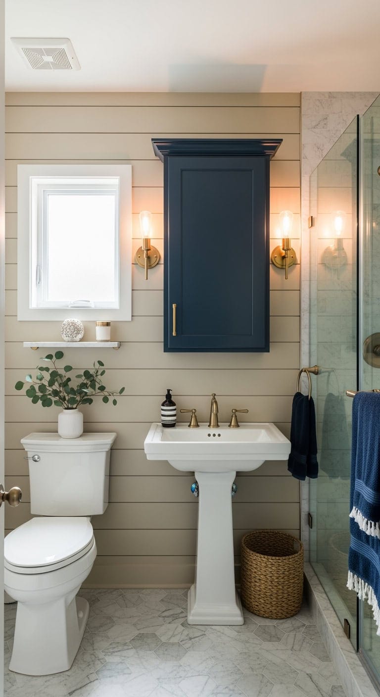 midnight blue shiplap powder room