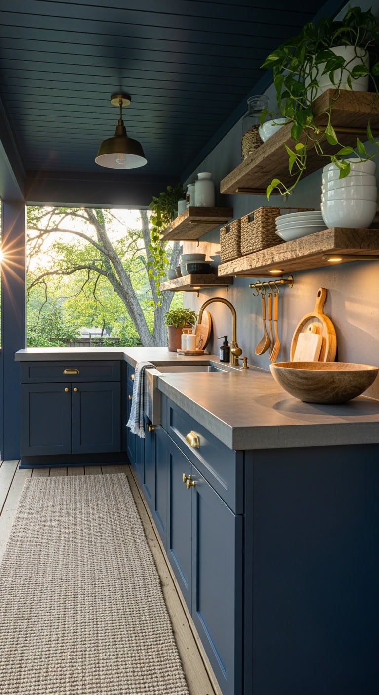 midnight navy brass kitchen