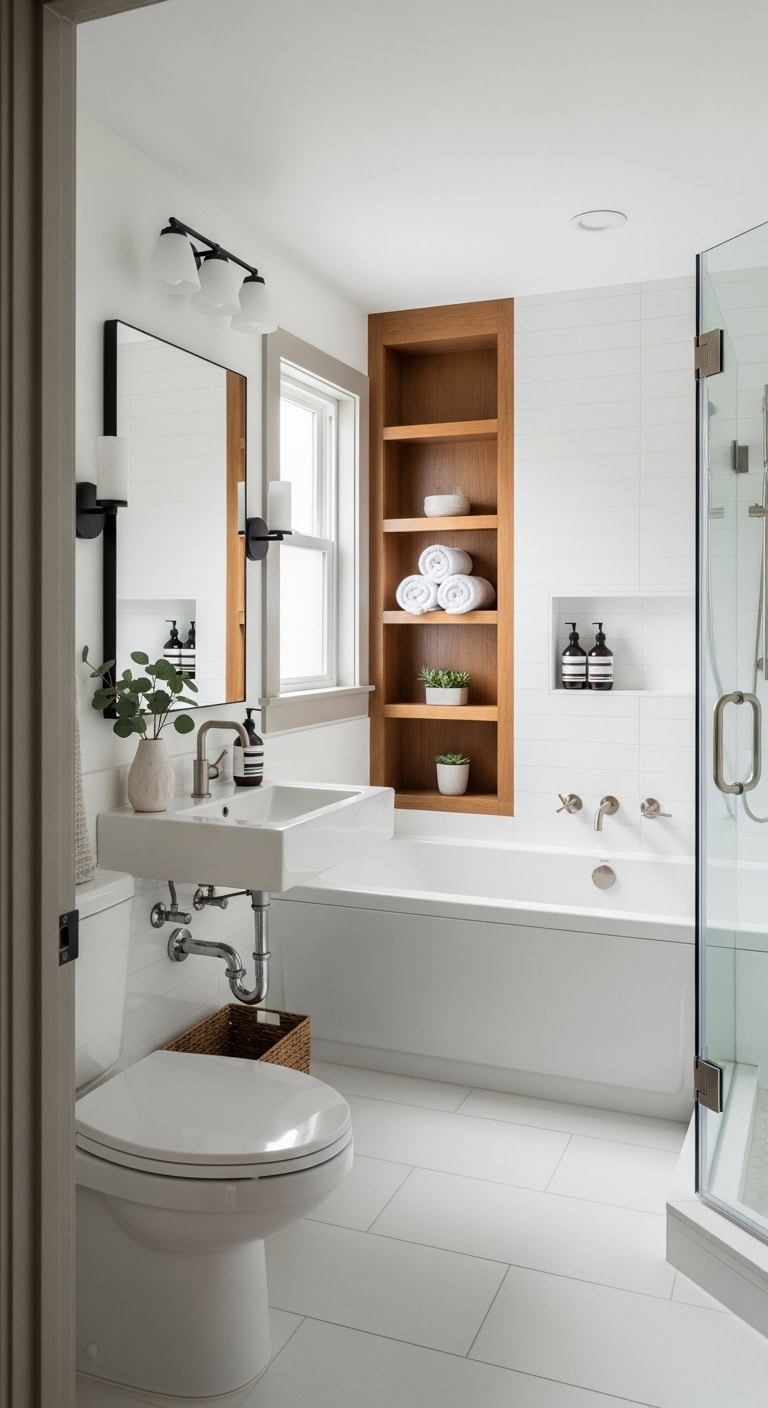 minimalist built in tub with shelving