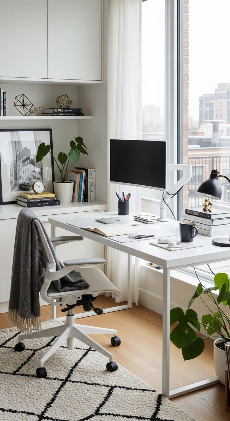 minimalist white workspace design