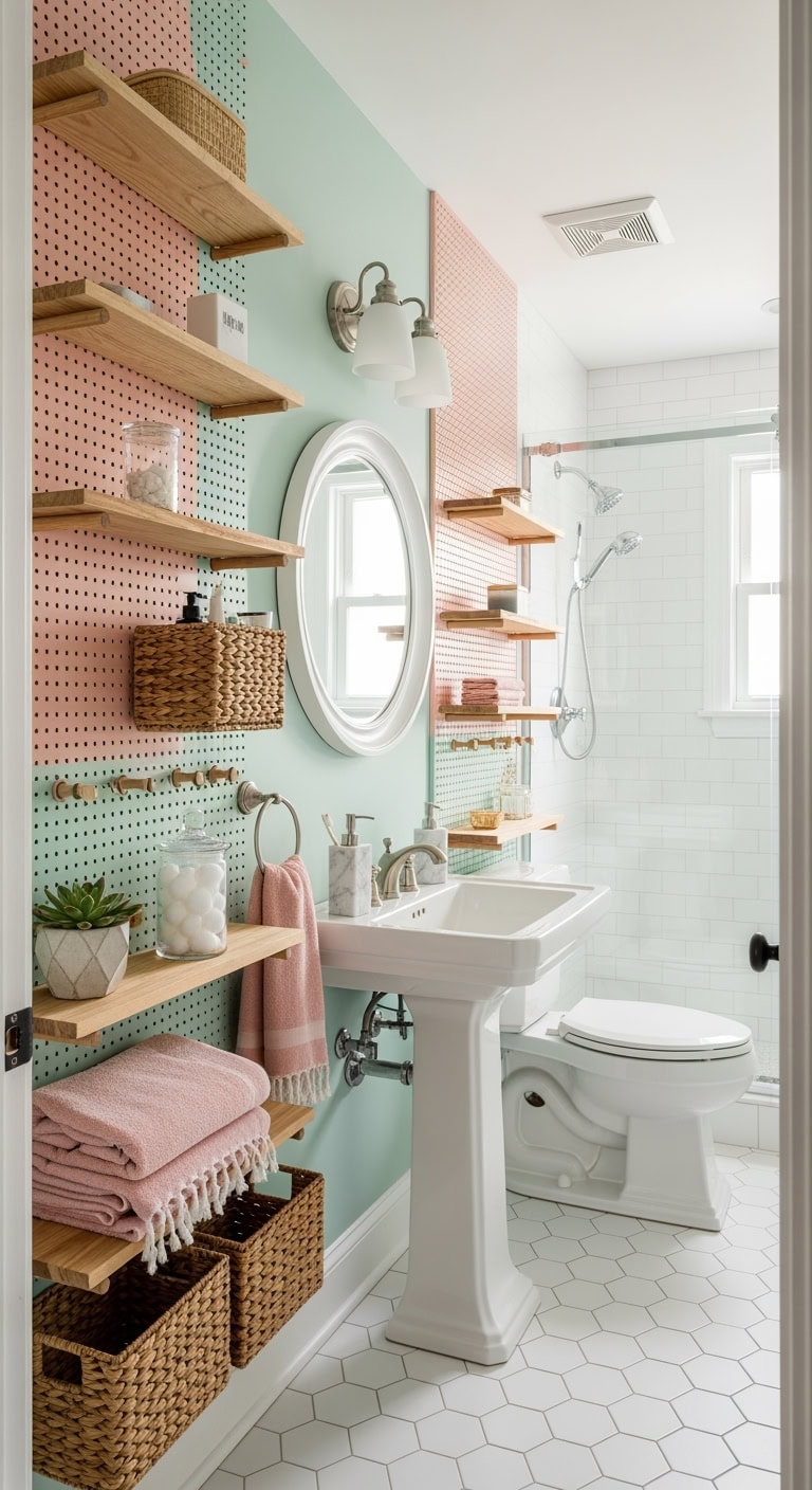 mint and blush pegboard storage