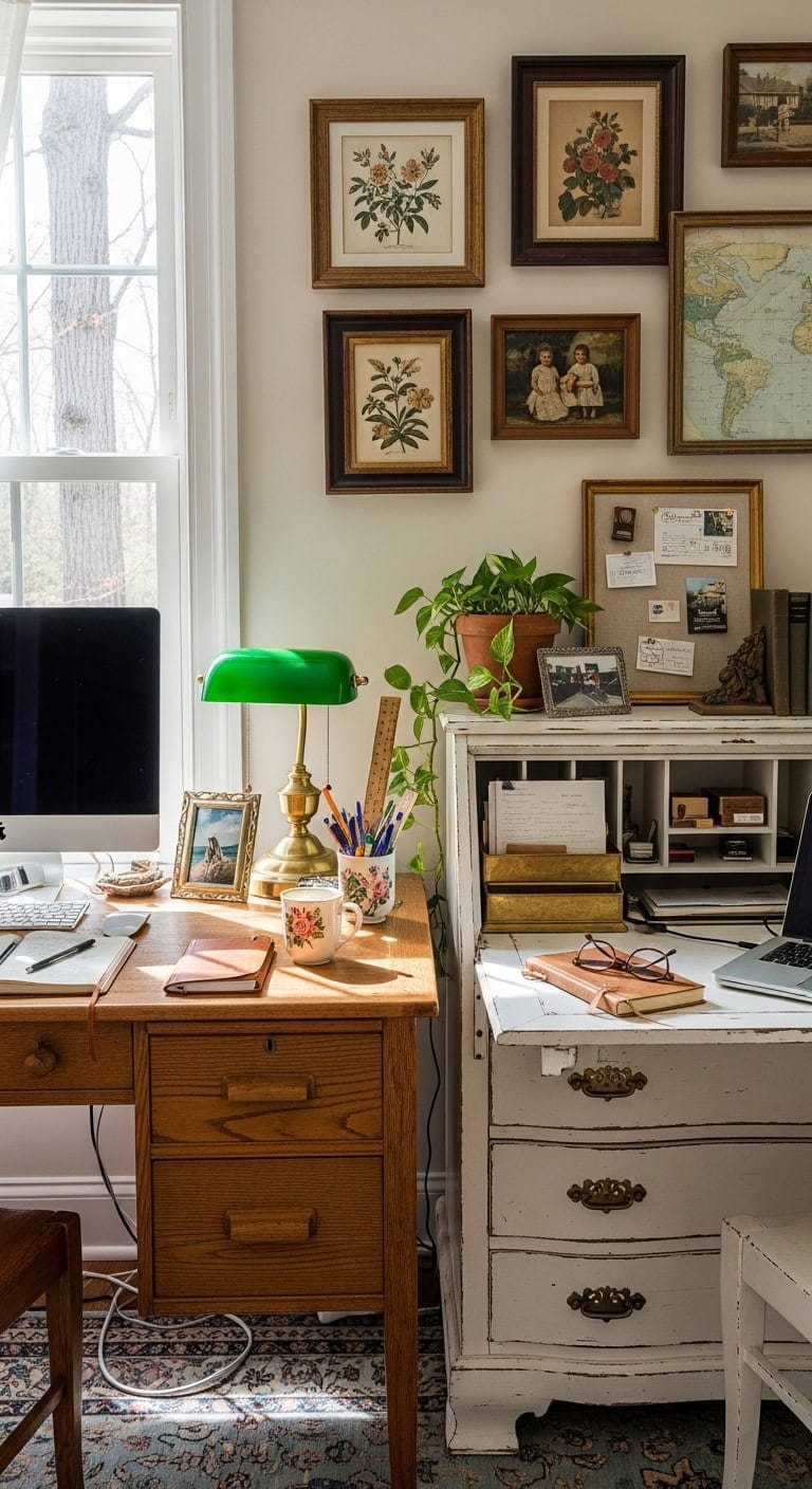 mismatched desks unified gallery wall