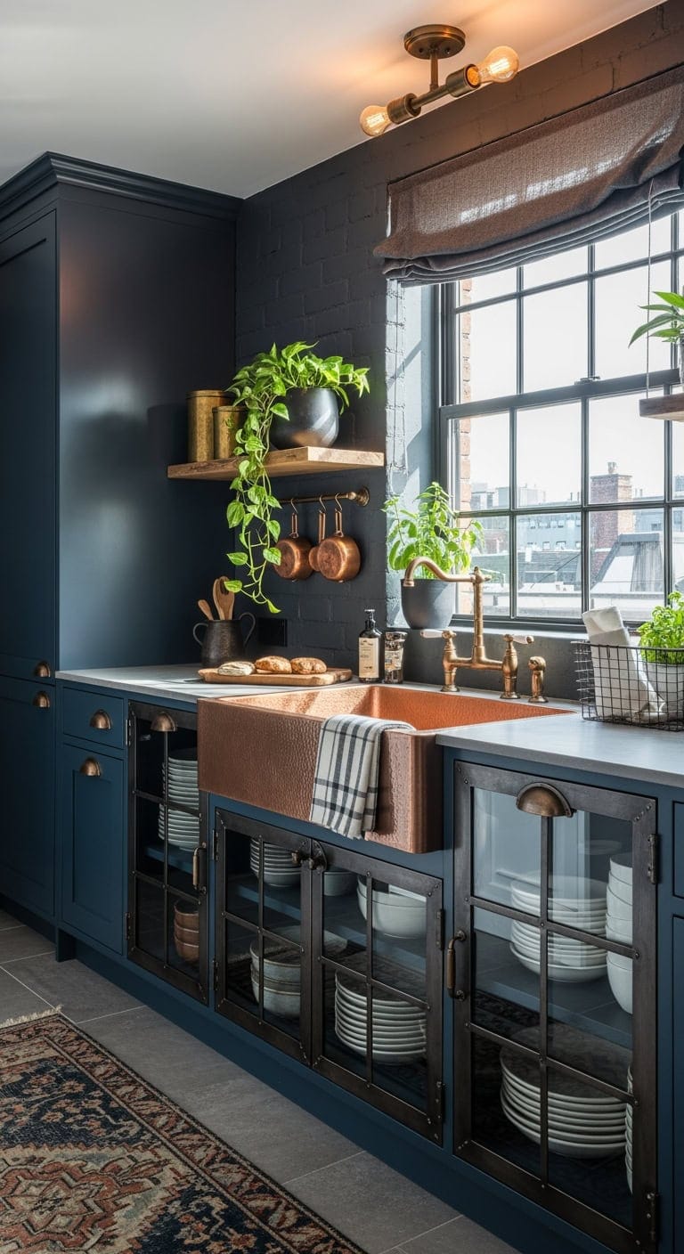 moody navy industrial kitchen
