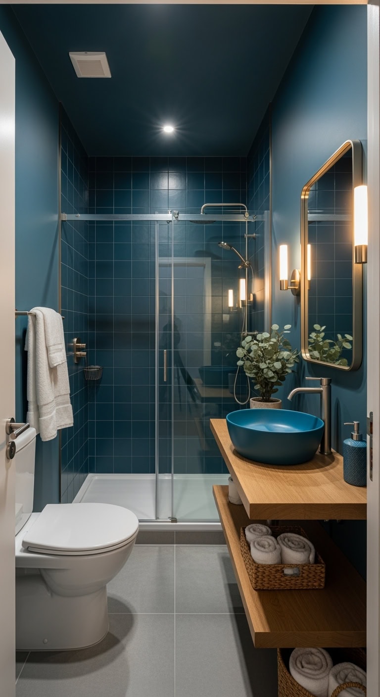 moody petrol blue bathroom
