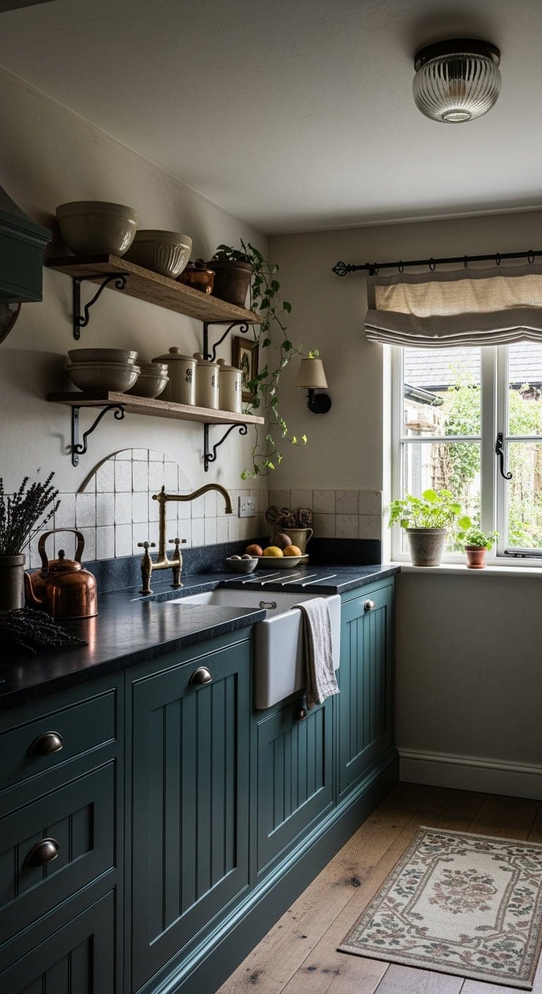 moody teal cottage kitchen