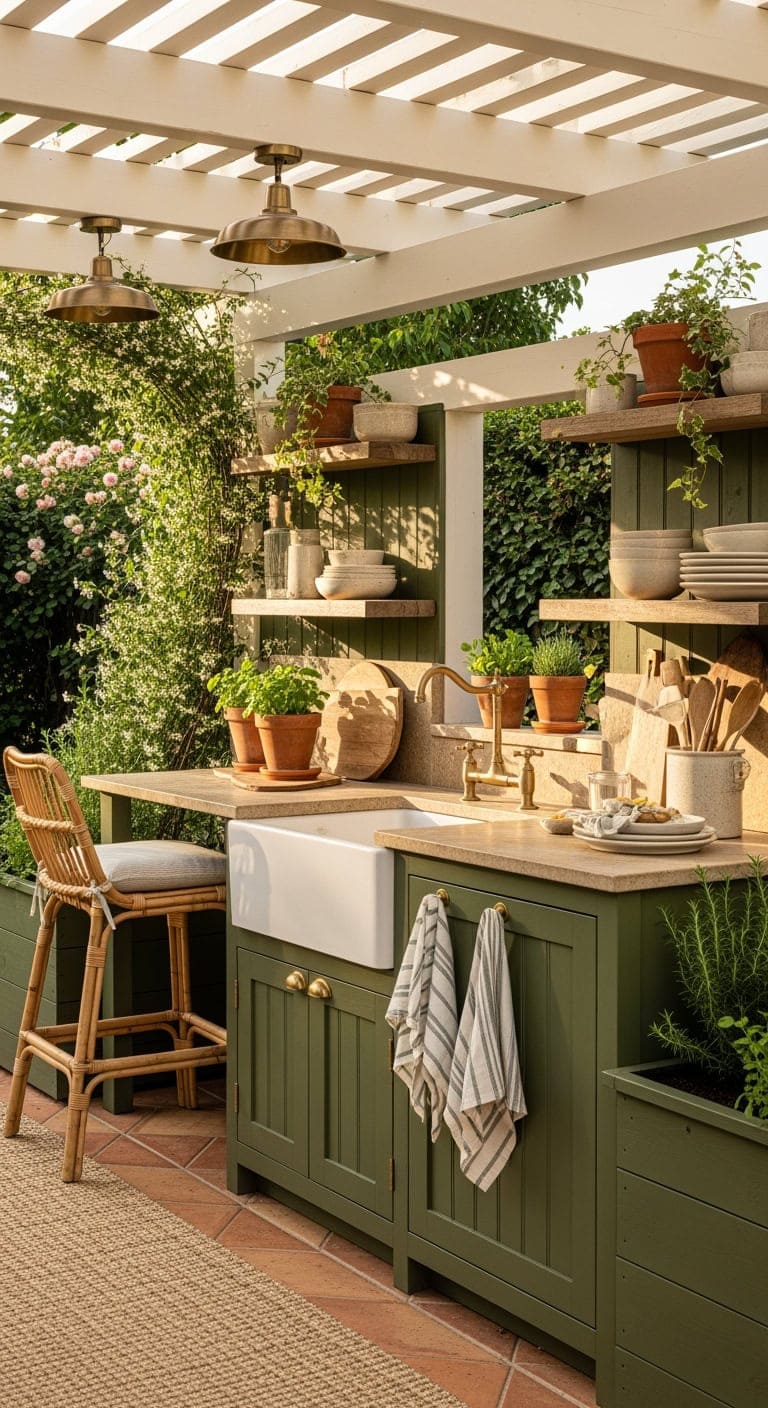 moss green cottage pergola kitchen