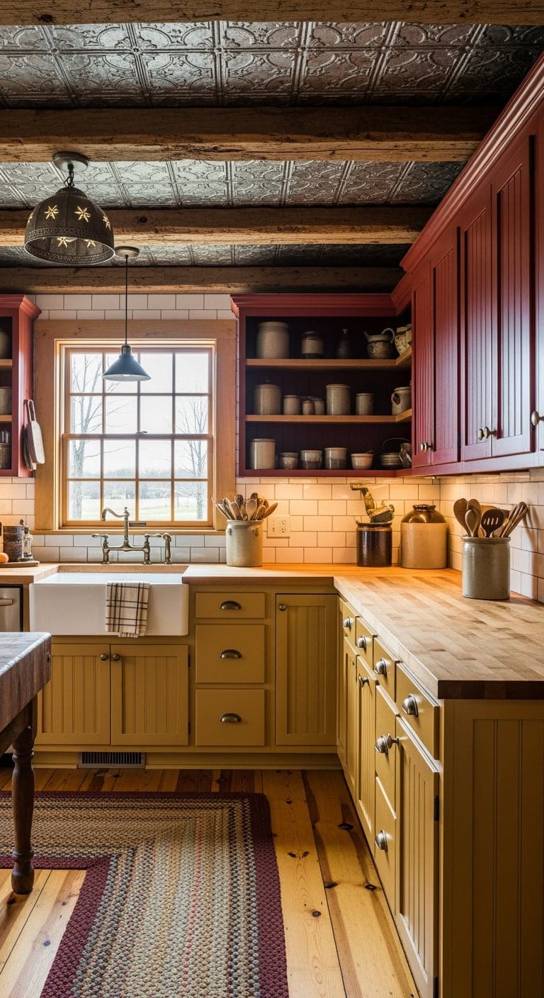 mustard and barn red cabinetry