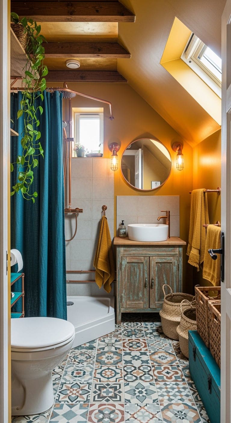 mustard teal eclectic attic bathroom