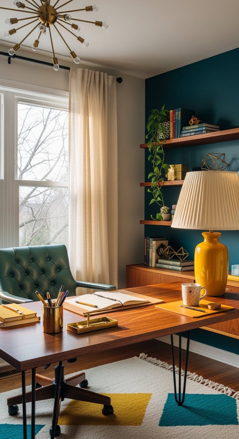 mustard teal walnut workspace