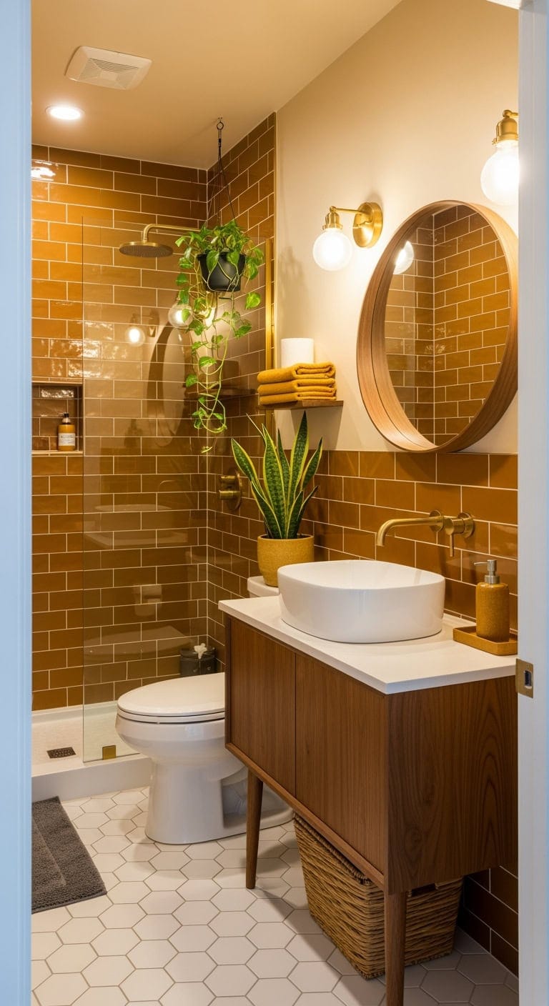 mustard walnut mid century bathroom