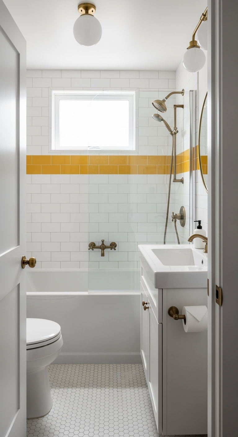 mustard walnut mid century bathroom