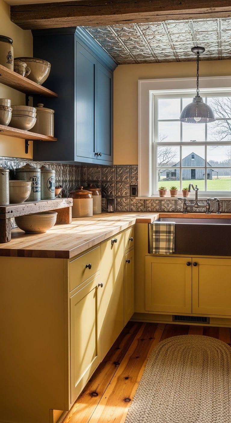 mustard yellow colonial blue cabinetry