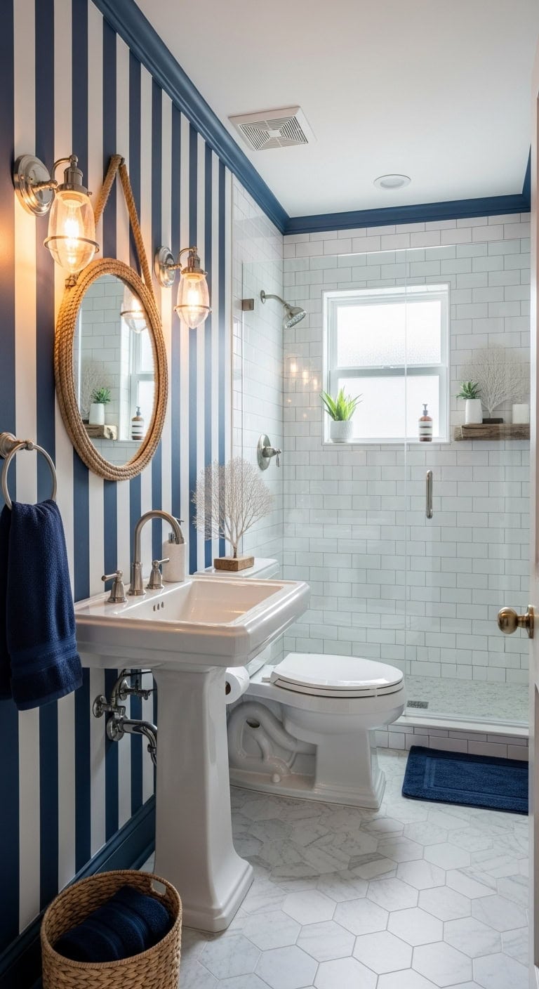 nautical stripes elevate small bathrooms