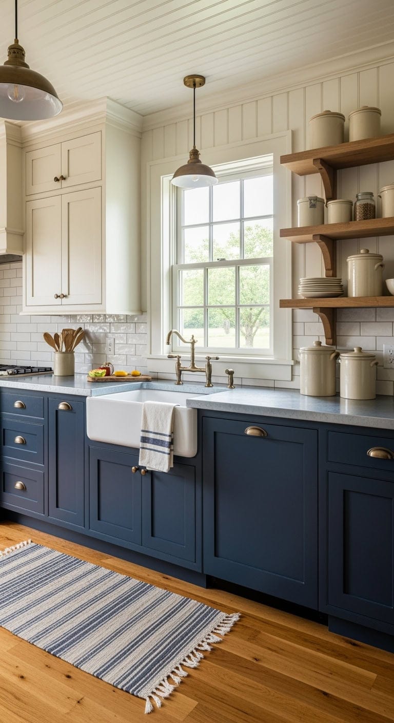 navy and cream farmhouse kitchen