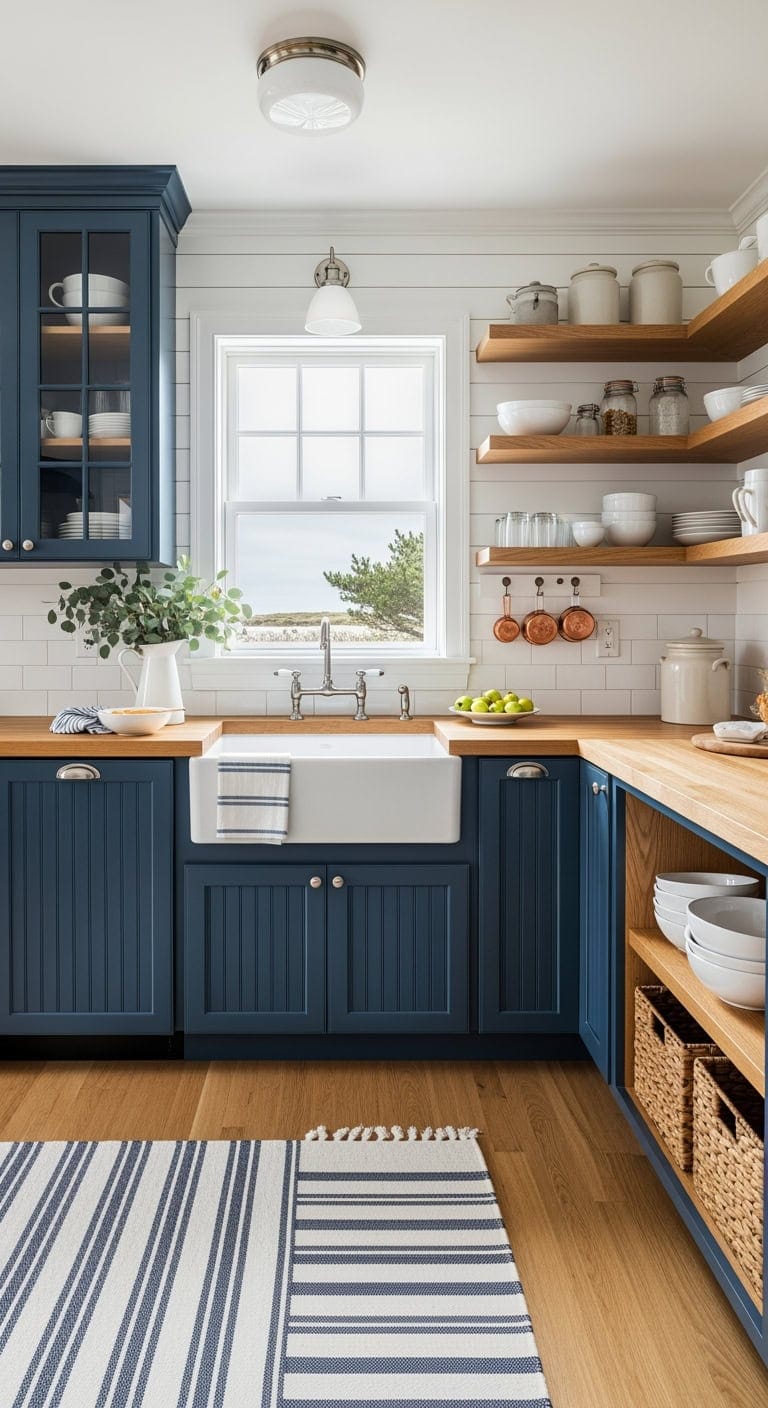navy and white shiplap galley