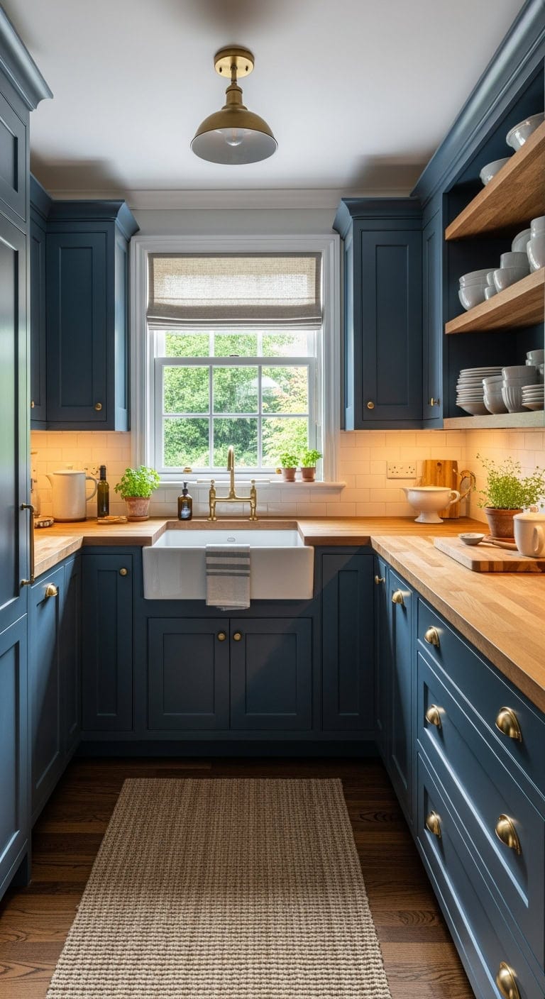 navy blue u shaped kitchen