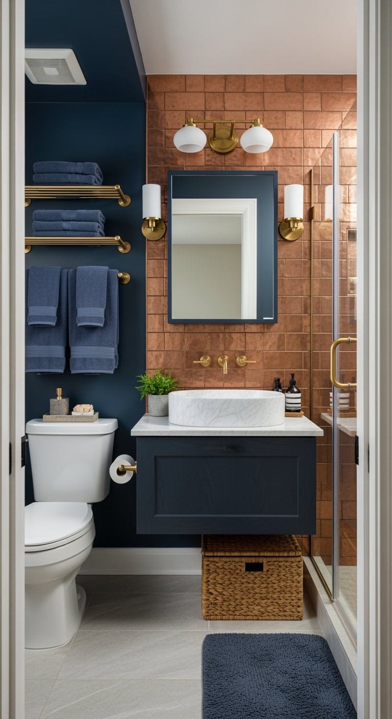 navy brass chic bathroom