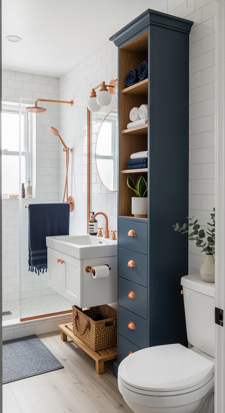 navy cabinet with copper accents
