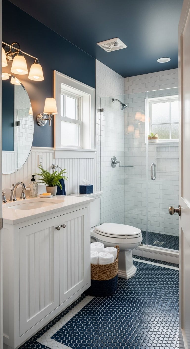 navy penny tile bathroom