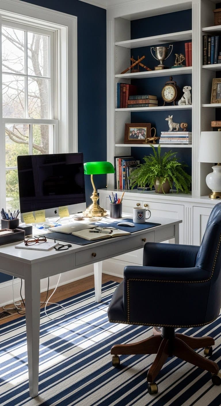 navy white brass leather