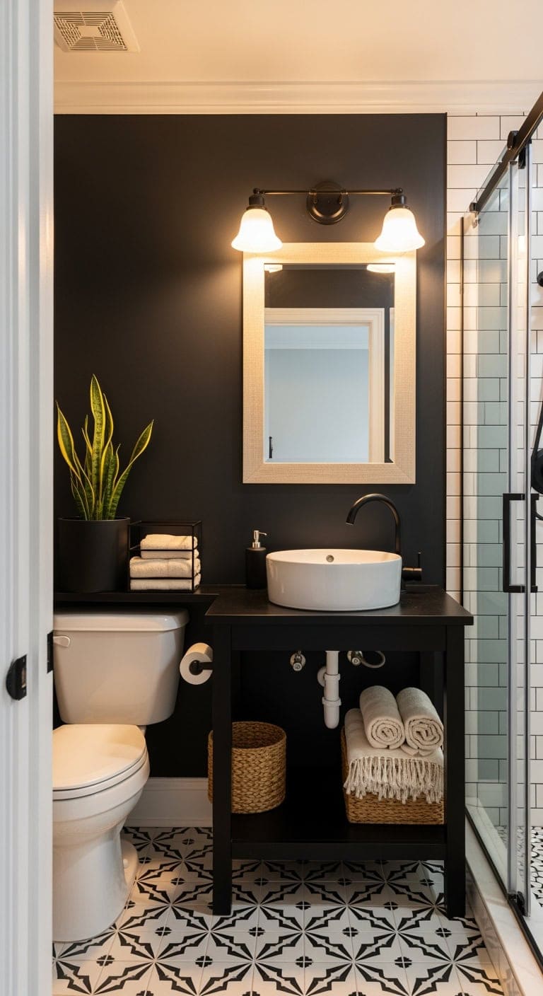 obsidian and linen powder room